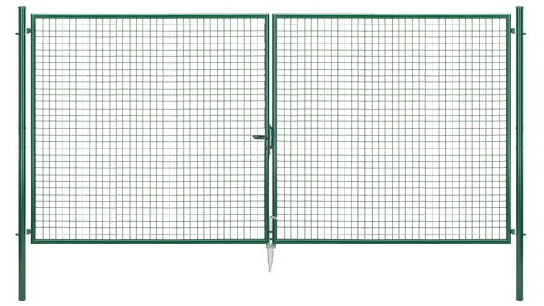 Wellengitter-Doppeltor, Material: Stahl roh, Oberfläche: zinkphosphatiert, grün kunststoffbeschichtet RAL 6005, zum Einbetonieren, Ausführung: mittig geteilt, Nennbreite: 4000 mm, lichte Breite: 3968 mm, Rahmenbreite Schließflügel: 1919 mm, Rahmenbreite Zweitflügel: 1919 mm, Breite von Mitte zu Mitte Pfosten: 4044 mm, Höhe: 2000 mm, Pfostenlänge: 2500 mm, Pfosten-Ø: 76 mm, Rahmenstärke-Ø: 42 mm, Material Füllung: 50 x 50 x 4 mm, 10 Jahre Garantie gegen Durchrosten