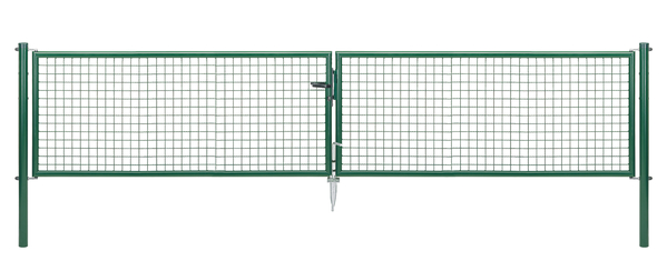 Welded mesh double gate, Material: raw steel, Surface: zinc phosphate plated, green powder-coated RAL 6005, for setting in concrete, Type: divided in the middle, Nominal width: 4000 mm, Clear width: 3928 mm, Frame width gate leaf: 1919 mm, Frame width second gate leaf: 1919 mm, Width from middle to middle of post: 4004 mm, Height: 750 mm, Post length: 1250 mm, Post dia.: 76 mm, Frame thickness Ø: 42 mm, Filler material: 50 x 50 x 4 mm, 10-year warranty against rusting through