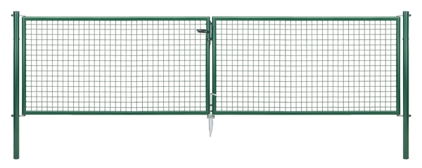 Welded mesh double gate, Material: raw steel, Surface: zinc phosphate plated, green powder-coated RAL 6005, for setting in concrete, Type: divided in the middle, Nominal width: 4000 mm, Clear width: 3928 mm, Frame width gate leaf: 1919 mm, Frame width second gate leaf: 1919 mm, Width from middle to middle of post: 4004 mm, Height: 1000 mm, Post length: 1500 mm, Post dia.: 76 mm, Frame thickness Ø: 42 mm, Filler material: 50 x 50 x 4 mm, 10-year warranty against rusting through
