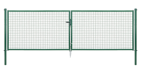 Welded mesh double gate, Material: raw steel, Surface: zinc phosphate plated, green powder-coated RAL 6005, for setting in concrete, Type: divided in the middle, Nominal width: 4000 mm, Clear width: 3928 mm, Frame width gate leaf: 1919 mm, Frame width second gate leaf: 1919 mm, Width from middle to middle of post: 4004 mm, Height: 1250 mm, Post length: 1750 mm, Post dia.: 76 mm, Frame thickness Ø: 42 mm, Filler material: 50 x 50 x 4 mm, 10-year warranty against rusting through