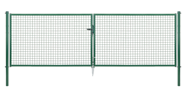 Wellengitter-Doppeltor, Material: Stahl roh, Oberfläche: zinkphosphatiert, grün kunststoffbeschichtet RAL 6005, zum Einbetonieren, Ausführung: mittig geteilt, Nennbreite: 4000 mm, lichte Breite: 3928 mm, Rahmenbreite Schließflügel: 1919 mm, Rahmenbreite Zweitflügel: 1919 mm, Breite von Mitte zu Mitte Pfosten: 4004 mm, Höhe: 1250 mm, Pfostenlänge: 1750 mm, Pfosten-Ø: 76 mm, Rahmenstärke-Ø: 42 mm, Material Füllung: 50 x 50 x 4 mm, 10 Jahre Garantie gegen Durchrosten