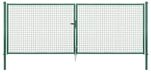 Welded mesh double gate, Material: raw steel, Surface: zinc phosphate plated, green powder-coated RAL 6005, for setting in concrete, Type: divided in the middle, Nominal width: 4000 mm, Clear width: 3928 mm, Frame width gate leaf: 1919 mm, Frame width second gate leaf: 1919 mm, Width from middle to middle of post: 4004 mm, Height: 1500 mm, Post length: 2000 mm, Post dia.: 76 mm, Frame thickness Ø: 42 mm, Filler material: 50 x 50 x 4 mm, 10-year warranty against rusting through