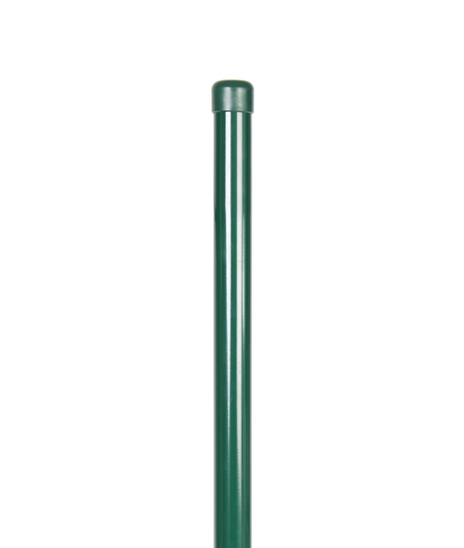 Zaunpfosten, gebohrt, gerade, für Maschendrahtgeflechte, Material: Stahl roh, Oberfläche: sendzimirverzinkt, grün kunststoffbeschichtet RAL 6005, zum Einbetonieren, Länge: 3000 mm, Pfosten-Ø: 48 mm, Wandstärke: 1,5 mm, Anzahl Drahthalter: 6, 15 Jahre Garantie gegen Durchrosten