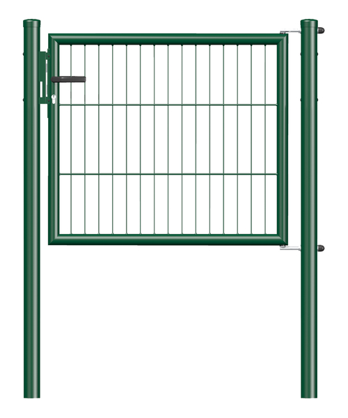 Bar grating single gate Garden, Material: raw steel, Surface: zinc phosphate plated, green powder-coated RAL 6005, for setting in concrete, Width from middle to middle of post: 1000 mm, Height: 750 mm, Post length: 1250 mm, Post dia.: 60 mm, Frame thickness Ø: 42 mm, Filler material: 50 x 250 mm, 10-year warranty against rusting through