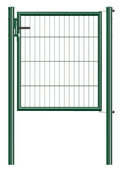 Bar grating single gate Garden, Material: raw steel, Surface: zinc phosphate plated, green powder-coated RAL 6005, for setting in concrete, Width from middle to middle of post: 1000 mm, Height: 1000 mm, Post length: 1500 mm, Post dia.: 60 mm, Frame thickness Ø: 42 mm, Filler material: 50 x 250 mm, 10-year warranty against rusting through