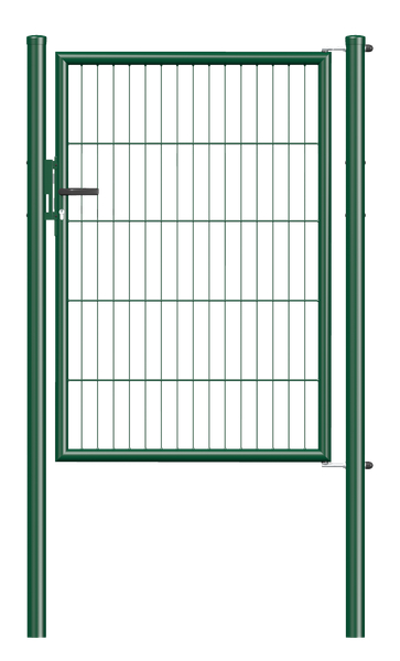 Bar grating single gate Garden, Material: raw steel, Surface: zinc phosphate plated, green powder-coated RAL 6005, for setting in concrete, Width from middle to middle of post: 1000 mm, Height: 1250 mm, Post length: 1750 mm, Post dia.: 60 mm, Frame thickness Ø: 42 mm, Filler material: 50 x 250 mm, 10-year warranty against rusting through