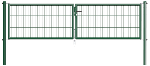 Bar grating double gate Garden, Material: raw steel, Surface: zinc phosphate plated, green powder-coated RAL 6005, for setting in concrete, Type: divided in the middle, Width from middle to middle of post: 2988 mm, Height: 750 mm, Post length: 1250 mm, Post dia.: 60 mm, Frame thickness Ø: 42 mm, Filler material: 50 x 250 mm, 10-year warranty against rusting through
