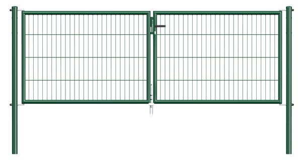 Bar grating double gate Garden, Material: raw steel, Surface: zinc phosphate plated, green powder-coated RAL 6005, for setting in concrete, Type: divided in the middle, Width from middle to middle of post: 2988 mm, Height: 1000 mm, Post length: 1500 mm, Post dia.: 60 mm, Frame thickness Ø: 42 mm, Filler material: 50 x 250 mm, 10-year warranty against rusting through