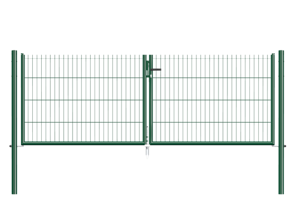 Bar grating double gate Garden, Material: raw steel, Surface: zinc phosphate plated, green powder-coated RAL 6005, for setting in concrete, Type: divided in the middle, Width from middle to middle of post: 2988 mm, Height: 1250 mm, Post length: 1750 mm, Post dia.: 60 mm, Frame thickness Ø: 42 mm, Filler material: 50 x 250 mm, 10-year warranty against rusting through