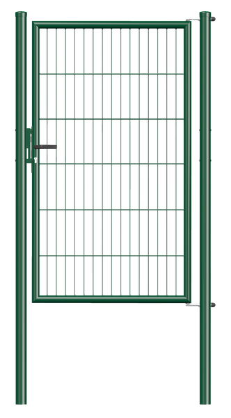 Bar grating single gate Garden, Material: raw steel, Surface: zinc phosphate plated, green powder-coated RAL 6005, for setting in concrete, Width from middle to middle of post: 1000 mm, Height: 1500 mm, Post length: 2000 mm, Post dia.: 60 mm, Frame thickness Ø: 42 mm, Filler material: 50 x 250 mm, 10-year warranty against rusting through