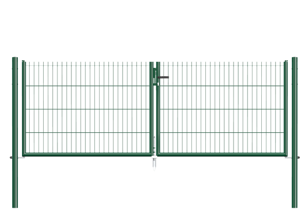 Bar grating double gate Garden, Material: raw steel, Surface: zinc phosphate plated, green powder-coated RAL 6005, for setting in concrete, Type: divided in the middle, Width from middle to middle of post: 2988 mm, Height: 1500 mm, Post length: 2000 mm, Post dia.: 60 mm, Frame thickness Ø: 42 mm, Filler material: 50 x 250 mm, 10-year warranty against rusting through