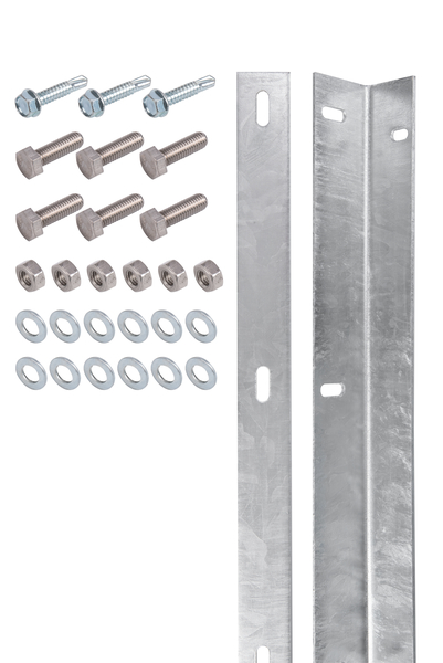 Befestigungsleiste für Doppelstab-Gittermatten, Material: Stahl roh, Oberfläche: feuerverzinkt, Länge: 1052 mm, Aufnahmewinkel: 60 x 45 x 3 mm, für Zaunhöhe: 1000 mm, Flacheisen: 40 x 4 mm, Schraube: M8, 15 Jahre Garantie gegen Durchrosten