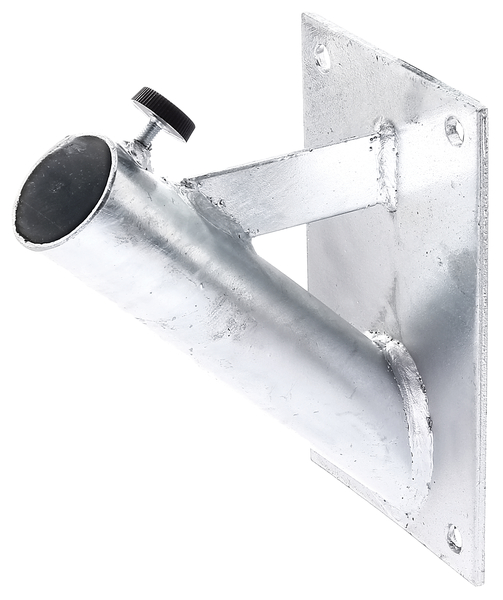 Holder for flagpoles for fixing on the wall, Material: raw steel, Surface: hot-dip galvanised, Insertion depth: 180 mm, Plate: 200 x 120 mm, For tube-Ø: 42 mm, Material thickness: 5.00 mm, No. of holes: 4, 15-year warranty against rusting through