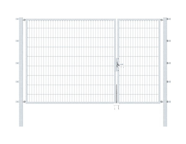 Double gate Flexo, type 6/5/6, Material: raw steel, Surface: hot-dip galvanised passivated, for setting in concrete, Nominal width: 3000 mm, Clear width: 2985 mm, Clearance width: 2869 mm, Frame width gate leaf: 910 mm, Frame width second gate leaf: 1925 mm, Height: 1800 mm, Post length: 2500 mm, Post thickness: 80 x 80 mm, Frame thickness: 40 x 40 mm, Mesh width: 50 x 200 mm, Layout of gate width: unevenly divided, 15-year warranty against rusting through