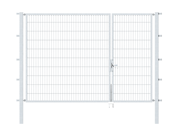 Double gate Flexo, type 6/5/6, Material: raw steel, Surface: hot-dip galvanised passivated, for setting in concrete, Nominal width: 3000 mm, Clear width: 2985 mm, Clearance width: 2869 mm, Frame width gate leaf: 910 mm, Frame width second gate leaf: 1925 mm, Height: 2000 mm, Post length: 2700 mm, Post thickness: 80 x 80 mm, Frame thickness: 40 x 40 mm, Mesh width: 50 x 200 mm, Layout of gate width: unevenly divided, 15-year warranty against rusting through