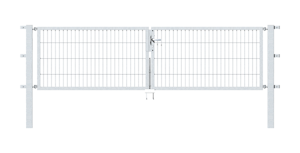 Double gate Flexo, type 6/5/6, Material: raw steel, Surface: hot-dip galvanised passivated, for setting in concrete, Nominal width: 3000 mm, Clear width: 3000 mm, Clearance width: 2884 mm, Frame width gate leaf: 1425 mm, Frame width second gate leaf: 1425 mm, Height: 800 mm, Post length: 1500 mm, Post thickness: 80 x 80 mm, Frame thickness: 40 x 40 mm, Mesh width: 50 x 200 mm, Layout of gate width: divided in the middle, 15-year warranty against rusting through