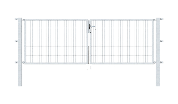 Double gate Flexo, type 6/5/6, Material: raw steel, Surface: hot-dip galvanised passivated, for setting in concrete, Nominal width: 3000 mm, Clear width: 3000 mm, Clearance width: 2884 mm, Frame width gate leaf: 1425 mm, Frame width second gate leaf: 1425 mm, Height: 1000 mm, Post length: 1700 mm, Post thickness: 80 x 80 mm, Frame thickness: 40 x 40 mm, Mesh width: 50 x 200 mm, Layout of gate width: divided in the middle, 15-year warranty against rusting through