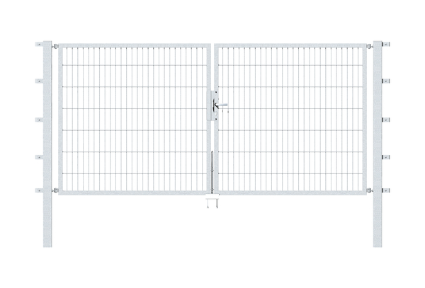 Double gate Flexo, type 6/5/6, Material: raw steel, Surface: hot-dip galvanised passivated, for setting in concrete, Nominal width: 3000 mm, Clear width: 3000 mm, Clearance width: 2884 mm, Frame width gate leaf: 1425 mm, Frame width second gate leaf: 1425 mm, Height: 1400 mm, Post length: 2100 mm, Post thickness: 80 x 80 mm, Frame thickness: 40 x 40 mm, Mesh width: 50 x 200 mm, Layout of gate width: divided in the middle, 15-year warranty against rusting through
