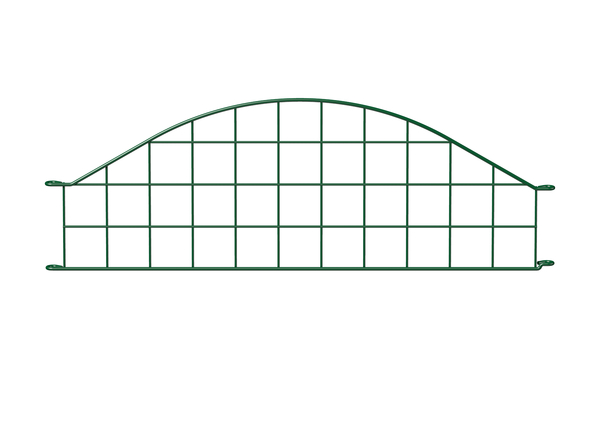 Rabatten-Zaunfeld, Bogen mittig oben, Material: Stahl roh, Oberfläche: grün kunststoffbeschichtet, Gesamtbreite: 777 mm, Höhe mittig: 265 mm, Höhe außen: 135 mm