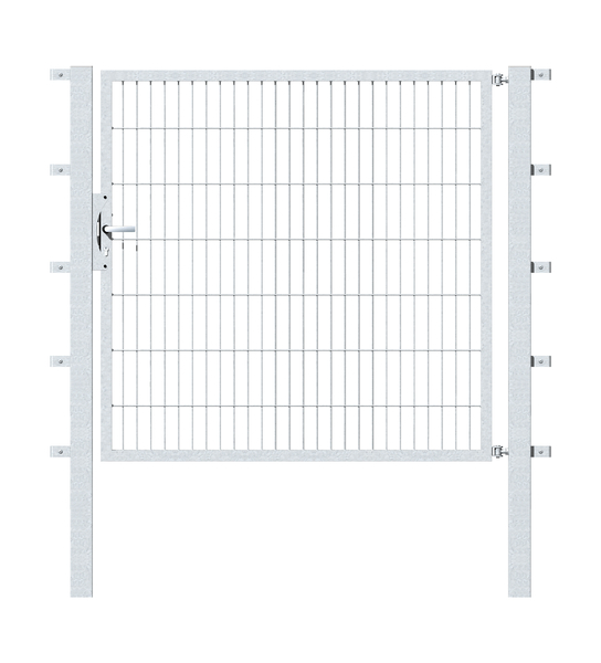 Single gate Flexo, type 6/5/6, Material: raw steel, Surface: hot-dip galvanised passivated, for setting in concrete, Nominal width: 1500 mm, Clear width: 1515 mm, Clearance width: 1401 mm, Height: 1400 mm, Post length: 2100 mm, Post thickness: 80 x 80 mm, Frame width: 1425 mm, Frame thickness: 40 x 40 mm, Mesh width: 50 x 200 mm, 15-year warranty against rusting through