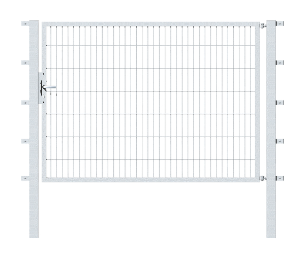 Single gate Flexo, type 6/5/6, Material: raw steel, Surface: hot-dip galvanised passivated, for setting in concrete, Nominal width: 2000 mm, Clear width: 2015 mm, Clearance width: 1901 mm, Height: 1400 mm, Post length: 2100 mm, Post thickness: 80 x 80 mm, Frame width: 1925 mm, Frame thickness: 40 x 40 mm, Mesh width: 50 x 200 mm, 15-year warranty against rusting through