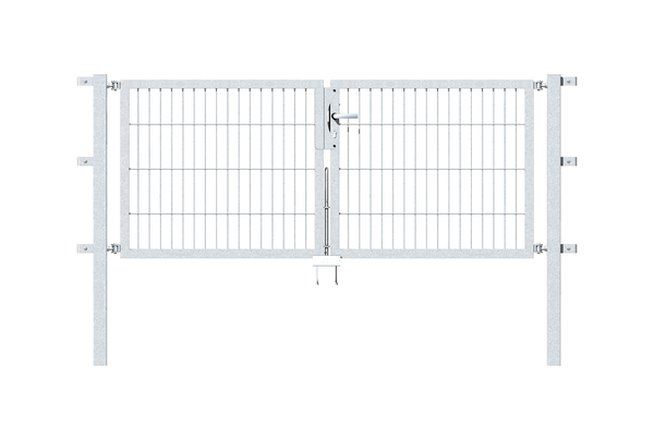 Double gate Flexo, type 6/5/6, Material: raw steel, Surface: hot-dip galvanised passivated, for setting in concrete, Nominal width: 2000 mm, Clear width: 1970 mm, Clearance width: 1854 mm, Frame width gate leaf: 910 mm, Frame width second gate leaf: 910 mm, Height: 800 mm, Post length: 1300 mm, Post thickness: 60 x 60 mm, Frame thickness: 40 x 40 mm, Mesh width: 50 x 200 mm, Layout of gate width: divided in the middle, 15-year warranty against rusting through
