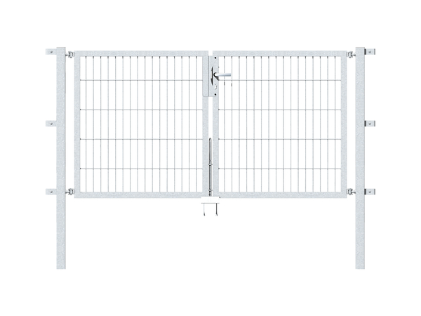 Double gate Flexo, type 6/5/6, Material: raw steel, Surface: hot-dip galvanised passivated, for setting in concrete, Nominal width: 2000 mm, Clear width: 1970 mm, Clearance width: 1854 mm, Frame width gate leaf: 910 mm, Frame width second gate leaf: 910 mm, Height: 1000 mm, Post length: 1500 mm, Post thickness: 60 x 60 mm, Frame thickness: 40 x 40 mm, Mesh width: 50 x 200 mm, Layout of gate width: divided in the middle, 15-year warranty against rusting through