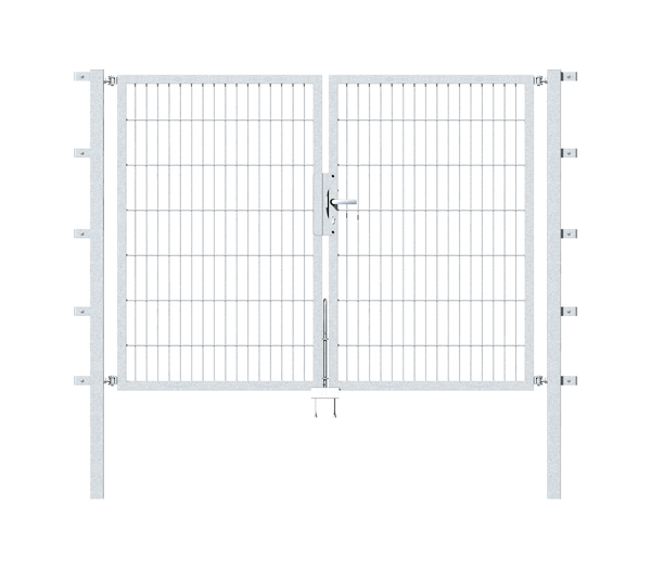 Double gate Flexo, type 6/5/6, Material: raw steel, Surface: hot-dip galvanised passivated, for setting in concrete, Nominal width: 2000 mm, Clear width: 1970 mm, Clearance width: 1854 mm, Frame width gate leaf: 910 mm, Frame width second gate leaf: 910 mm, Height: 1400 mm, Post length: 1900 mm, Post thickness: 60 x 60 mm, Frame thickness: 40 x 40 mm, Mesh width: 50 x 200 mm, Layout of gate width: divided in the middle, 15-year warranty against rusting through