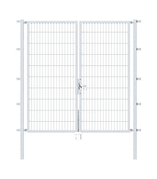 Double gate Flexo, type 6/5/6, Material: raw steel, Surface: hot-dip galvanised passivated, for setting in concrete, Nominal width: 2000 mm, Clear width: 1970 mm, Clearance width: 1854 mm, Frame width gate leaf: 910 mm, Frame width second gate leaf: 910 mm, Height: 2000 mm, Post length: 2500 mm, Post thickness: 60 x 60 mm, Frame thickness: 40 x 40 mm, Mesh width: 50 x 200 mm, Layout of gate width: divided in the middle, 15-year warranty against rusting through