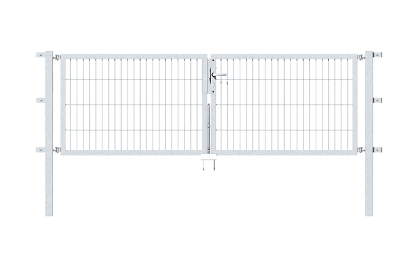 Double gate Flexo, type 6/5/6, Material: raw steel, Surface: hot-dip galvanised passivated, for setting in concrete, Nominal width: 2500 mm, Clear width: 2500 mm, Clearance width: 2384 mm, Frame width gate leaf: 1175 mm, Frame width second gate leaf: 1175 mm, Height: 800 mm, Post length: 1300 mm, Post thickness: 60 x 60 mm, Frame thickness: 40 x 40 mm, Mesh width: 50 x 200 mm, Layout of gate width: divided in the middle, 15-year warranty against rusting through