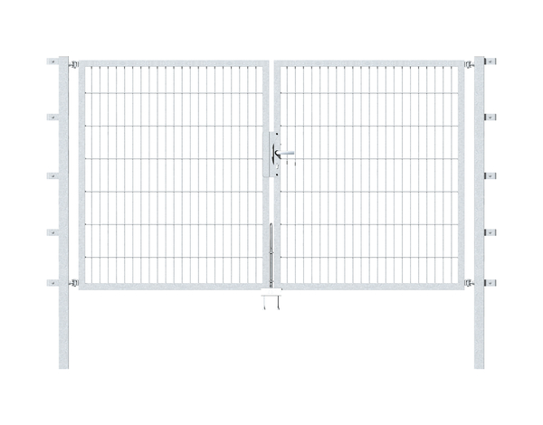 Double gate Flexo, type 6/5/6, Material: raw steel, Surface: hot-dip galvanised passivated, for setting in concrete, Nominal width: 2500 mm, Clear width: 2500 mm, Clearance width: 2384 mm, Frame width gate leaf: 1175 mm, Frame width second gate leaf: 1175 mm, Height: 1400 mm, Post length: 1900 mm, Post thickness: 60 x 60 mm, Frame thickness: 40 x 40 mm, Mesh width: 50 x 200 mm, Layout of gate width: divided in the middle, 15-year warranty against rusting through
