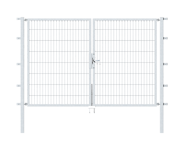 Double gate Flexo, type 6/5/6, Material: raw steel, Surface: hot-dip galvanised passivated, for setting in concrete, Nominal width: 2500 mm, Clear width: 2500 mm, Clearance width: 2384 mm, Frame width gate leaf: 1175 mm, Frame width second gate leaf: 1175 mm, Height: 1600 mm, Post length: 2100 mm, Post thickness: 60 x 60 mm, Frame thickness: 40 x 40 mm, Mesh width: 50 x 200 mm, Layout of gate width: divided in the middle, 15-year warranty against rusting through
