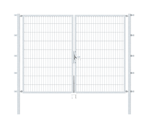 Double gate Flexo, type 6/5/6, Material: raw steel, Surface: hot-dip galvanised passivated, for setting in concrete, Nominal width: 2500 mm, Clear width: 2500 mm, Clearance width: 2384 mm, Frame width gate leaf: 1175 mm, Frame width second gate leaf: 1175 mm, Height: 1800 mm, Post length: 2300 mm, Post thickness: 60 x 60 mm, Frame thickness: 40 x 40 mm, Mesh width: 50 x 200 mm, Layout of gate width: divided in the middle, 15-year warranty against rusting through