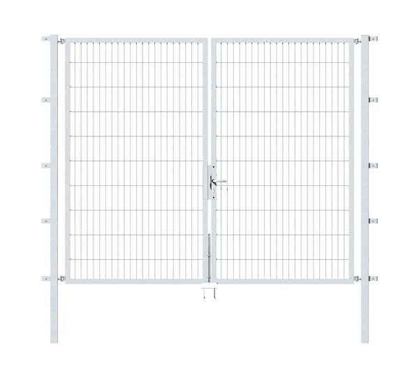 Double gate Flexo, type 6/5/6, Material: raw steel, Surface: hot-dip galvanised passivated, for setting in concrete, Nominal width: 2500 mm, Clear width: 2500 mm, Clearance width: 2384 mm, Frame width gate leaf: 1175 mm, Frame width second gate leaf: 1175 mm, Height: 2000 mm, Post length: 2500 mm, Post thickness: 60 x 60 mm, Frame thickness: 40 x 40 mm, Mesh width: 50 x 200 mm, Layout of gate width: divided in the middle, 15-year warranty against rusting through