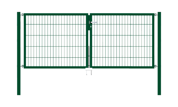 Doppeltor Flexo, Typ 6/5/6, Material: Stahl roh, Oberfläche: feuerverzinkt, grün kunststoffbeschichtet RAL 6005, zum Einbetonieren, Nennbreite: 2500 mm, lichte Breite: 2500 mm, Durchgangsbreite: 2384 mm, Rahmenbreite Schließflügel: 1175 mm, Rahmenbreite Zweitflügel: 1175 mm, Höhe: 1000 mm, Pfostenlänge: 1500 mm, Pfostenstärke: 60 x 60 mm, Rahmenstärke: 40 x 40 mm, Maschenweite: 50 x 200 mm, Aufteilung Torbreite: mittig geteilt, 15 Jahre Garantie gegen Durchrosten