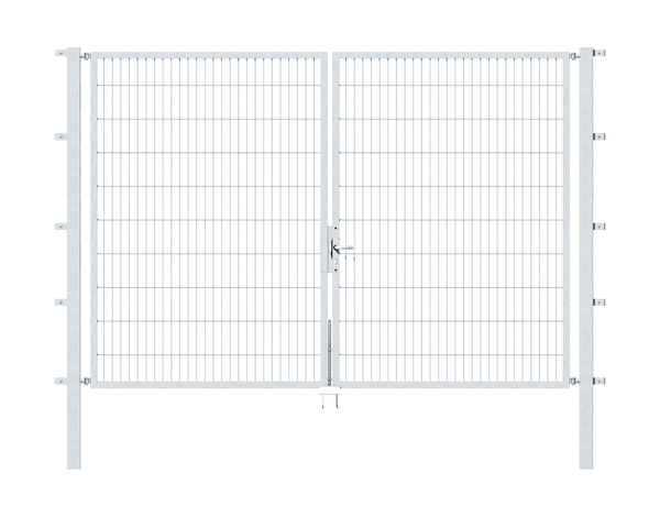 Double gate Flexo, type 6/5/6, Material: raw steel, Surface: hot-dip galvanised passivated, for setting in concrete, Nominal width: 3000 mm, Clear width: 3000 mm, Clearance width: 2884 mm, Frame width gate leaf: 1425 mm, Frame width second gate leaf: 1425 mm, Height: 2000 mm, Post length: 2700 mm, Post thickness: 80 x 80 mm, Frame thickness: 40 x 40 mm, Mesh width: 50 x 200 mm, Layout of gate width: divided in the middle, 15-year warranty against rusting through