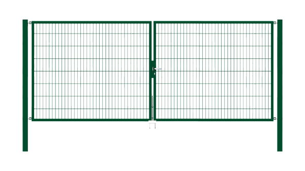 Doppeltor Flexo, Typ 6/5/6, Material: Stahl roh, Oberfläche: feuerverzinkt, grün kunststoffbeschichtet RAL 6005, zum Einbetonieren, Nennbreite: 4000 mm, lichte Breite: 4000 mm, Durchgangsbreite: 3884 mm, Rahmenbreite Schließflügel: 1925 mm, Rahmenbreite Zweitflügel: 1925 mm, Höhe: 1600 mm, Pfostenlänge: 2300 mm, Pfostenstärke: 80 x 80 mm, Rahmenstärke: 40 x 40 mm, Maschenweite: 50 x 200 mm, Aufteilung Torbreite: mittig geteilt, 15 Jahre Garantie gegen Durchrosten
