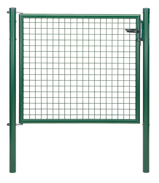 Welded mesh single gate, Material: raw steel, Surface: zinc phosphate plated, green powder-coated RAL 6005, for setting in concrete, Nominal width: 1250 mm, Clear width: 1190 mm, Width from middle to middle of post: 1250 mm, Height: 1000 mm, Post length: 1500 mm, Post dia.: 60 mm, Frame width: 1130 mm, Frame thickness Ø: 42 mm, Filler material: 50 x 50 x 4 mm, 10-year warranty against rusting through