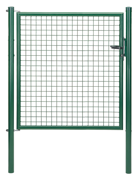 Welded mesh single gate, Material: raw steel, Surface: zinc phosphate plated, green powder-coated RAL 6005, for setting in concrete, Nominal width: 1250 mm, Clear width: 1190 mm, Width from middle to middle of post: 1250 mm, Height: 1250 mm, Post length: 1750 mm, Post dia.: 60 mm, Frame width: 1130 mm, Frame thickness Ø: 42 mm, Filler material: 50 x 50 x 4 mm, 10-year warranty against rusting through