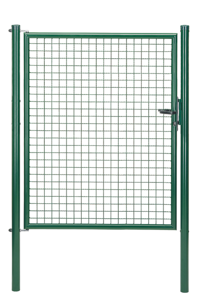 Welded mesh single gate, Material: raw steel, Surface: zinc phosphate plated, green powder-coated RAL 6005, for setting in concrete, Nominal width: 1250 mm, Clear width: 1190 mm, Width from middle to middle of post: 1250 mm, Height: 1500 mm, Post length: 2000 mm, Post dia.: 60 mm, Frame width: 1130 mm, Frame thickness Ø: 42 mm, Filler material: 50 x 50 x 4 mm, 10-year warranty against rusting through