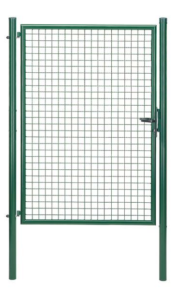 Welded mesh single gate, Material: raw steel, Surface: zinc phosphate plated, green powder-coated RAL 6005, for setting in concrete, Nominal width: 1250 mm, Clear width: 1210 mm, Width from middle to middle of post: 1270 mm, Height: 1750 mm, Post length: 2250 mm, Post dia.: 60 mm, Frame width: 1130 mm, Frame thickness Ø: 42 mm, Filler material: 50 x 50 x 4 mm, 10-year warranty against rusting through