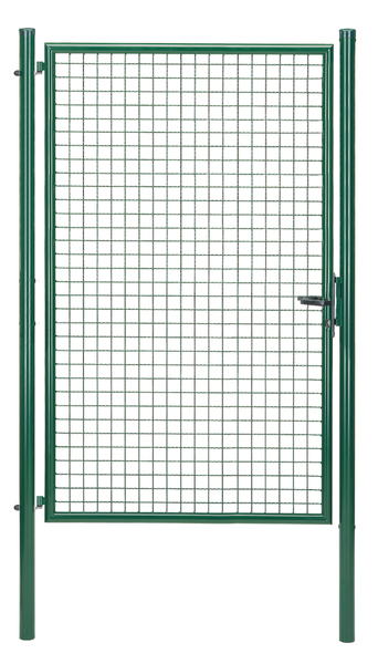 Welded mesh single gate, Material: raw steel, Surface: zinc phosphate plated, green powder-coated RAL 6005, for setting in concrete, Nominal width: 1250 mm, Clear width: 1210 mm, Width from middle to middle of post: 1270 mm, Height: 2000 mm, Post length: 2500 mm, Post dia.: 60 mm, Frame width: 1130 mm, Frame thickness Ø: 42 mm, Filler material: 50 x 50 x 4 mm, 10-year warranty against rusting through