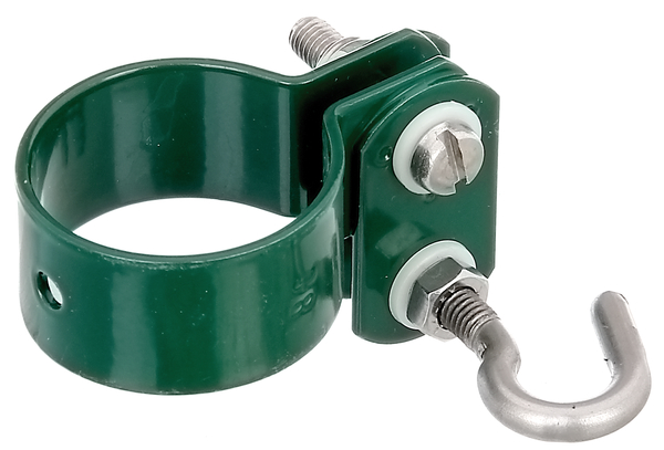 Ring clip for double-sided fixing mesh tension bars, clip bolt possible at the same height on both sides of the posts, Material: raw steel, Surface: galvanised, green powder-coated RAL 6005, Circlip dia.: 38 mm, 15-year warranty against rusting through