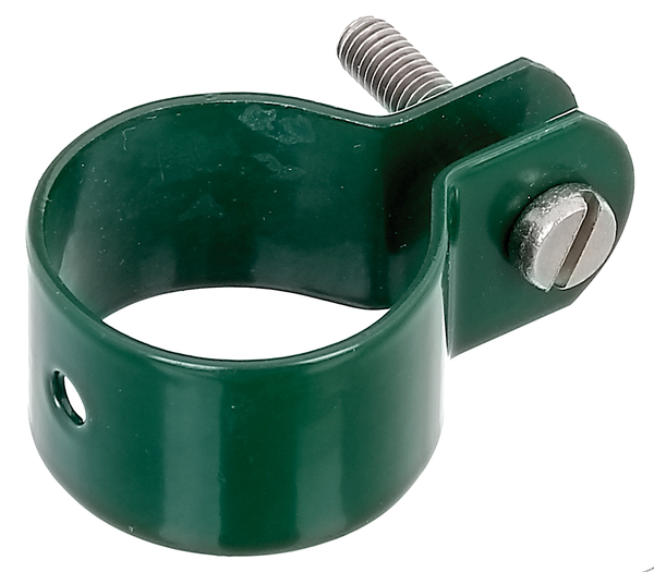 Ring clip for fixing braces to posts, Material: raw steel, Surface: galvanised, green powder-coated RAL 6005, Width: 22 mm, Circlip dia.: 34 mm, Material thickness: 1.50 mm, Screw: M6, Screw length: 30 mm, Hole: Ø7 mm, 15-year warranty against rusting through