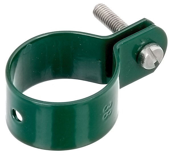 Ring clip for fixing braces to posts, Material: raw steel, Surface: galvanised, green powder-coated RAL 6005, Width: 22 mm, Circlip dia.: 38 mm, Material thickness: 1.50 mm, Screw: M6, Screw length: 30 mm, Hole: Ø7 mm, 15-year warranty against rusting through