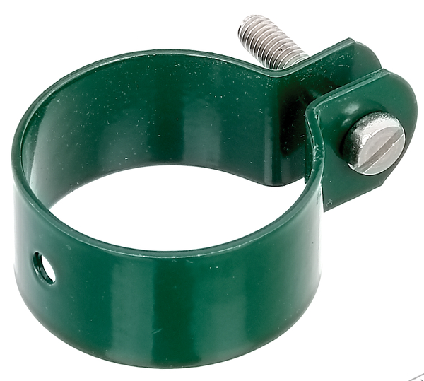 Ring clip for fixing braces to posts, Material: raw steel, Surface: galvanised, green powder-coated RAL 6005, Width: 25 mm, Circlip dia.: 42 mm, Material thickness: 1.50 mm, Screw: M6, Screw length: 30 mm, Hole: Ø7 mm, 15-year warranty against rusting through