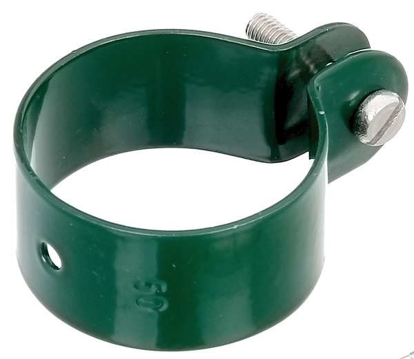 Ring clip for fixing braces to posts, Material: raw steel, Surface: galvanised, green powder-coated RAL 6005, Width: 25 mm, Circlip dia.: 48 mm, Material thickness: 1.50 mm, Screw: M6, Screw length: 30 mm, Hole: Ø7 mm, 15-year warranty against rusting through