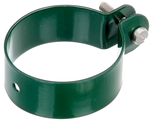 Ring clip for fixing braces to posts, Material: raw steel, Surface: galvanised, green powder-coated RAL 6005, Width: 25 mm, Circlip dia.: 60 mm, Material thickness: 1.50 mm, Screw: M6, Screw length: 30 mm, Hole: Ø7 mm, 15-year warranty against rusting through