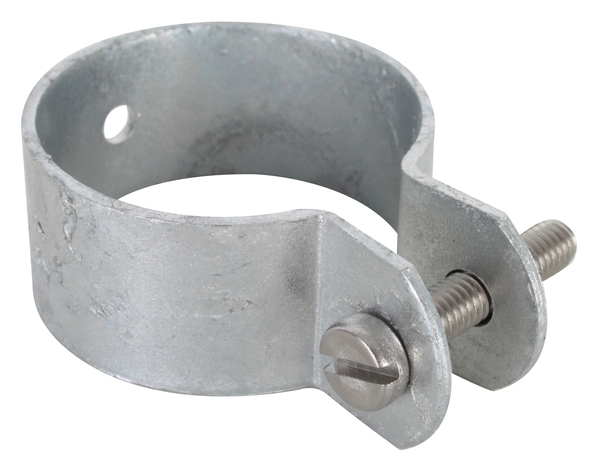 Ring clip for braces and tension bridges, Material: raw steel, Surface: hot-dip galvanised, Width: 22 mm, Circlip dia.: 42 mm, Material thickness: 1.50 mm, Screw: M6, Screw length: 30 mm, 15-year warranty against rusting through