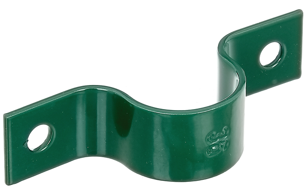 Tube clip for fixing fence posts on walls, Material: raw steel, Surface: galvanised, green powder-coated RAL 6005, Total length: 112 mm, Width: 25 mm, For posts-Ø: 34 mm, Distance from middle to middle of hole: 86 mm, Hole: Ø9 mm, 15-year warranty against rusting through